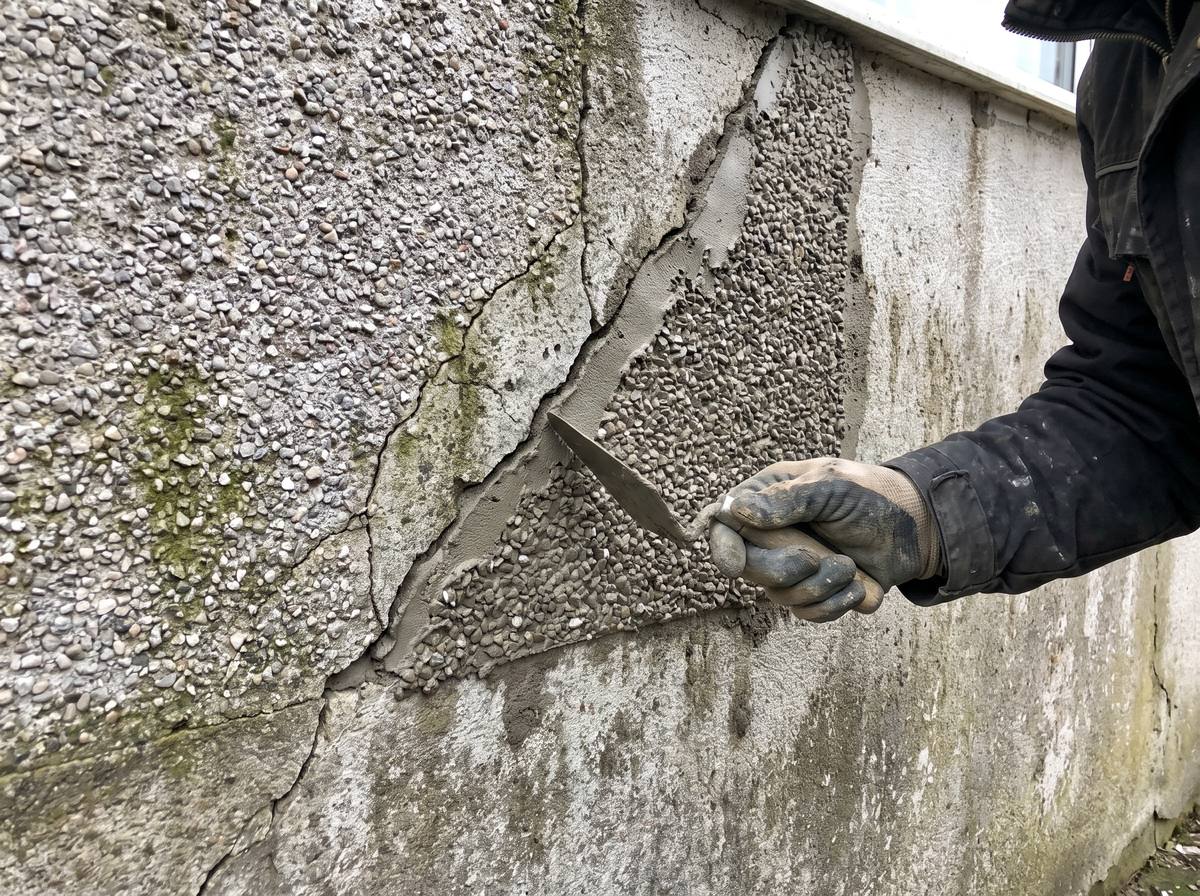 Cracked render being repaired and patched by J.Kelly Roughcasting