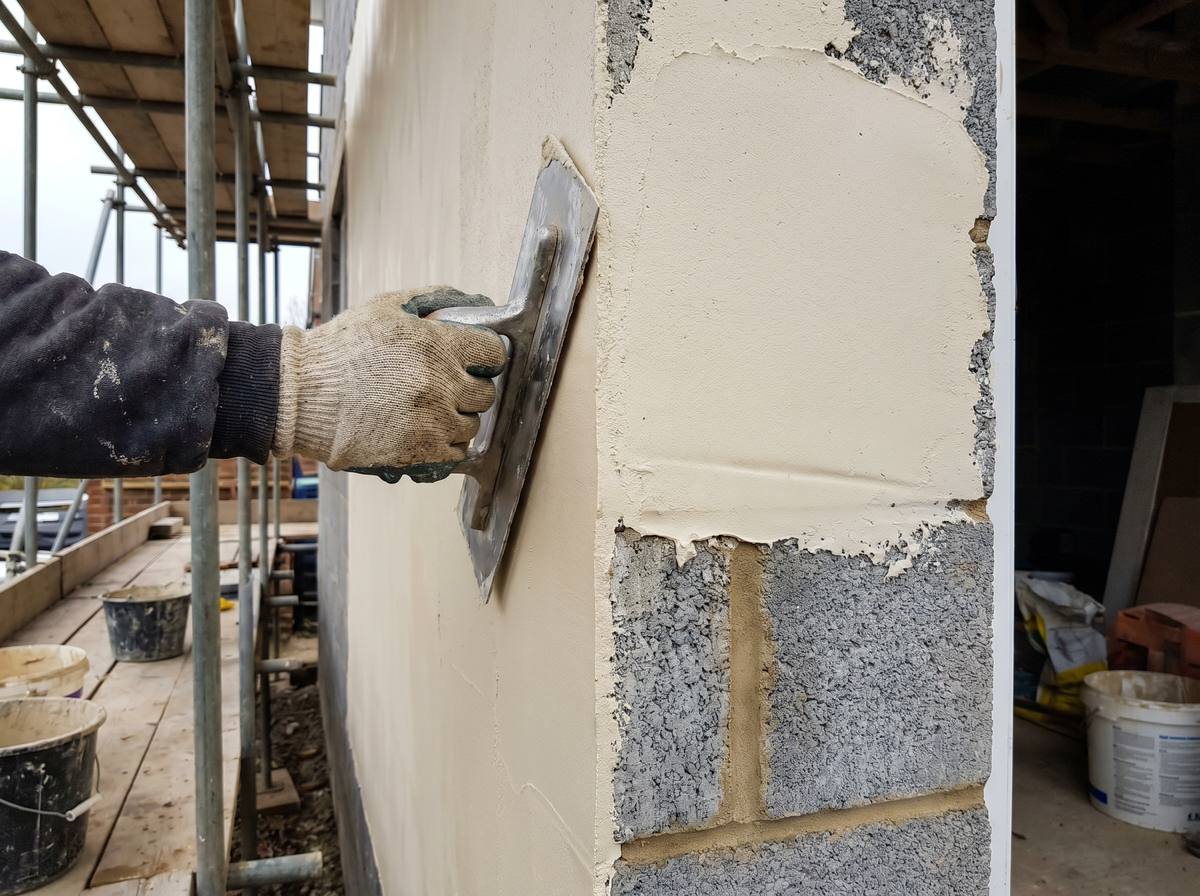 Smooth render being applied to a wall by J.Kelly Roughcasting